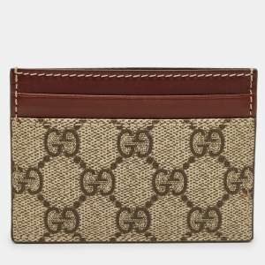 Pre Owned Gucci Brown/Beige GG Supreme Canvas and Leather Card Holder