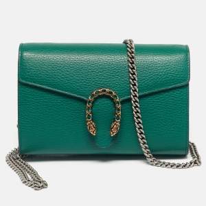 Pre Owned Gucci Green Leather Dionysus Wallet on Chain