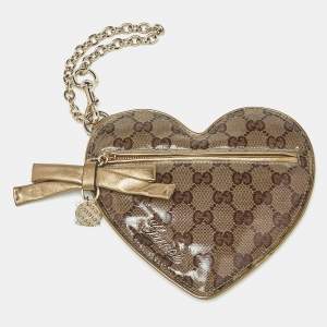 مملوكة مسبقًا Gucci Heart Beige/Gold GG Crystal Canvas and Leather Pouch