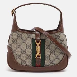 Pre Owned Gucci Jackie 1961 Mini Beige/Brown Supreme Canvas and Leather Shoulder Bag