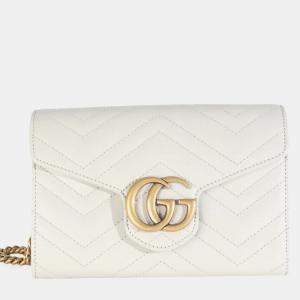 Pre Owned Gucci Grey Calfskin Matelasse GG Marmont Chain Wallet