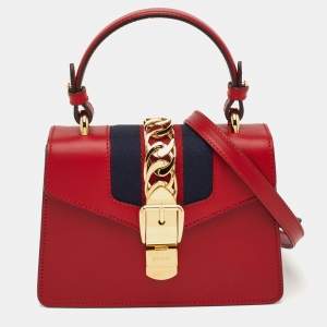 Pre Owned Gucci Sylvie Web Mini Red  Leather Top Handle Bag