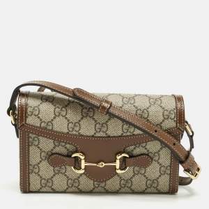 Pre Owned Gucci Horsebit 1955 Mini Beige/Brown GG Supreme Canvas and Leather Crossbody Bag