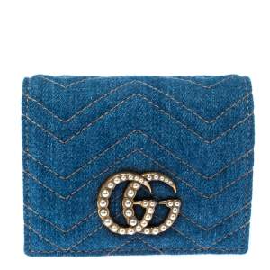 Gucci Blue Marmont GG Denim Limited Edition Pearl Flap Wallet