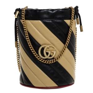 Pre Owned Gucci Black/Beige Diagonal Leather Mini GG Marmont Torchon Bucket Bag      