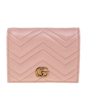 Pre Owned Gucci Pink Matelasse Leather GG Marmont Card Case