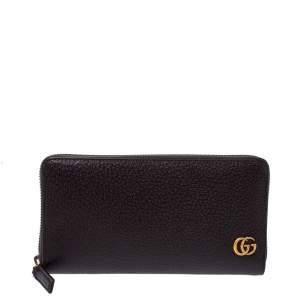 Pre Owned Gucci Dark Brown Leather GG Marmont Zip Around Wallet