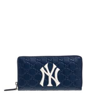 Pre Owned Gucci Blue Guccissima Leather NY Yankees Patch Zip Around Wallet