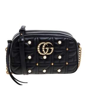Pre Owned Gucci Black Quilted Leather Small Studs and Pearl Embellished GG Marmont Shoulder Bag