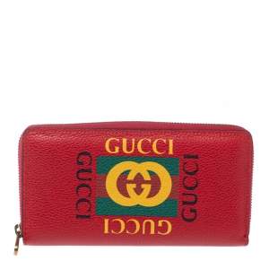 Gucci Red Grained Leather Logo Zip Around Continental Wallet