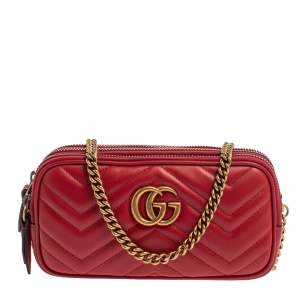 Pre Owned Gucci Red Matelasse Leather GG Marmont Triple Zip Chain Bag