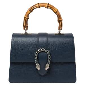 Pre Owned Gucci Navy Blue Leather Medium Dionysus Bamboo Top Handle Bag