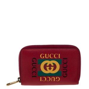 Pre Owned Gucci Red Printed Leather Zip Around Wallet