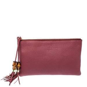 Pre Owned Gucci Dark Pink Leather Bamboo Tassel Clutch