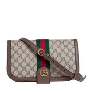 Pre Owned Gucci Brown GG Supreme Canvas and Leather Ophidia  Messenger Bag