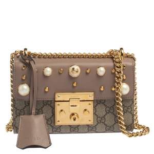 مملوكة مسبقًا حقيبة كتف غوتشي مرصع قفل جلد و كانفاس مقوى جي جي سوبريم وردي 