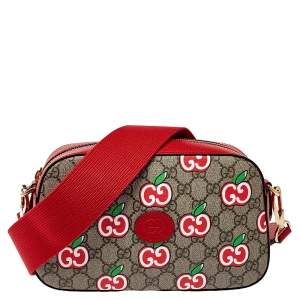 Pre Owned Gucci Red Leather and GG Supreme Apple Motif Camera Bag