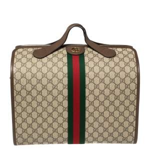 Pre Owned Gucci Beige/Brown GG Supreme Canvas and Leather Ophidia Duffel Bag