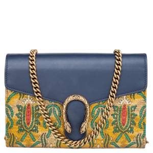 Gucci Blue/Yellow Brocade And Leather Dionysus Wallet On Chain