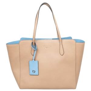 Pre Owned Gucci Beige/Blue Leather Swing Tote Bag
