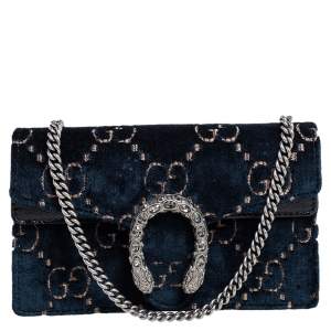 Pre Owned Gucci Blue/Black GG Velvet and Patent Leather Super Mini Dionysus Crossbody Bag