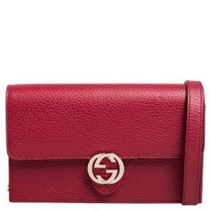 Pre Owned محفظة غوتشي G متشابكة جلد حمراء بسلسلة 