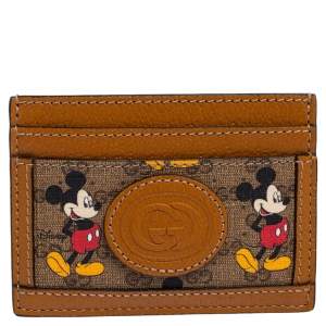Gucci x Disney Tan Leather and GG Supreme Canvas Mickey Mouse Card Holder