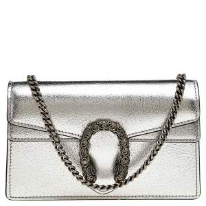 Pre Owned Gucci Silver Leather Super Mini Dionysus Crossbody Bag