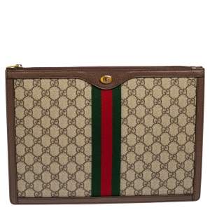 Pre Owned Gucci Beige/Brown GG Supreme Canvas and Leather Ophidia Pouch