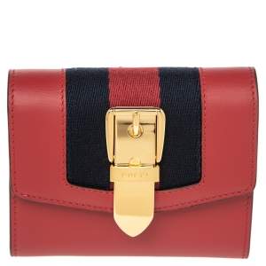 Gucci Red Leather Sylvie Trifold Compact Wallet