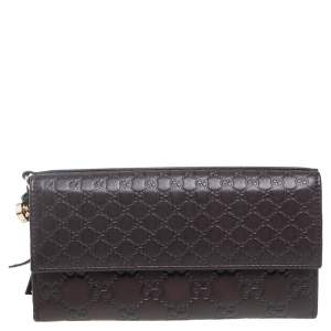 Pre Owned Gucci Brown Leather Micro Guccissima Flap Long Wallet
