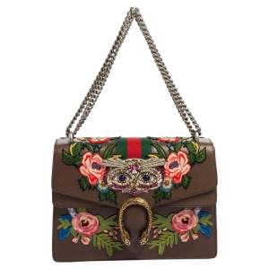 Gucci Brown Leather Floral Embroidered and Owl Embellished Medium Dionysus Shoulder Bag