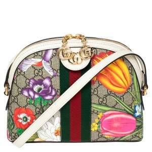 Pre Owned Gucci White GG Supreme Canvas and Leather Small GG Ophidia Floral Shoulder Bag