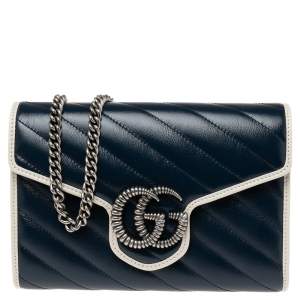 Gucci Navy Blue Diagonal Quilt Leather GG Marmont Torchon Wallet on Chain