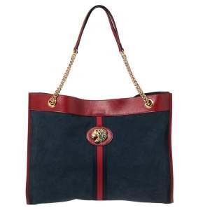 Pre Owned Gucci Navy Blue/Red Suede And Leather Large Rajah Tote 