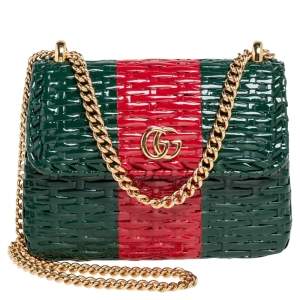 مملوكة مسبقًا حقيبة كتف غوتشي لينيا كيستينو جلد لامع أحمر لامع/أخضر