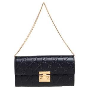 Gucci Black Guccissima Leather Padlock Chain Continental Wallet