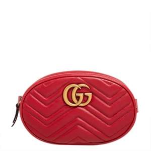 Pre Owned Gucci Red Matelassé Leather GG Marmont Belt Bag 