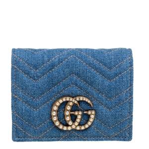 مملوكة مسبقًا حامل بطاقة غوتشي دنيم ماتيلاس أزرق مارمونت جي جي مزين لؤلؤ