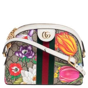 Pre Owned Gucci Beige/White GG Supreme Flora Canvas And Leather Small Ophidia Shoulder Bag