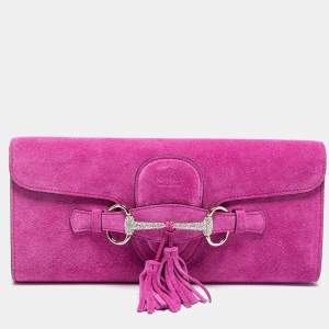 مملوكة مسبقًا Gucci Pink Suede Crystal Horsebit Broadway Clutch
