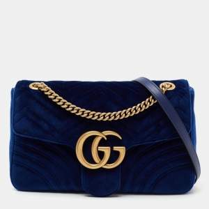 مملوكة مسبقًا Gucci Blue Matelassé Velvet Medium GG Marmont Shoulder Bag