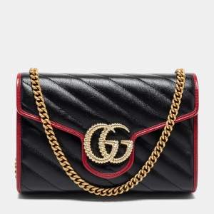 Gucci Black/Red Diagonal Quilt Leather GG Marmont Torchon Wallet on Chain