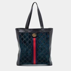 Pre Owned Gucci Blue/Black GG Velvet And Leather Large Ophidia Vertical Tote