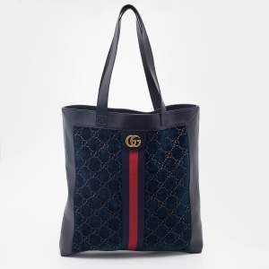 Pre Owned Gucci Black/Dark Green Velvet and Leather Ophidia Shopper Tote