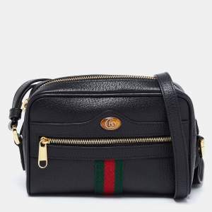 Pre Owned Gucci Black Leather And Web Mini Ophidia Crossbody Bag