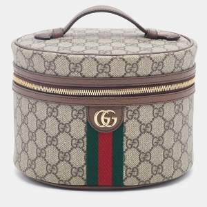 Pre Owned Gucci Beige/Brown GG Supreme Canvas And Leather Ophidia Cosmetic Bag