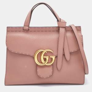 Pre Owned Gucci Pink Leather Small GG Marmont Top Handle Bag