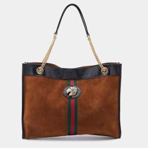Pre Owned Gucci Brown/Black Suede and Patent Leather Large Rajah Tote
