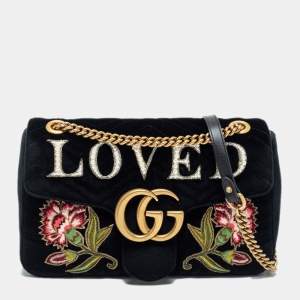 Pre Owned Gucci Black Love Embroidered Matelassé Velvet Medium GG Marmont Shoulder Bag